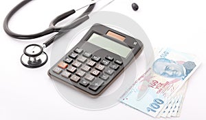 Stethoscope, Calculator and Turkish Lira