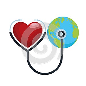 Stethoscope cardio medical tool with heart and earth planet