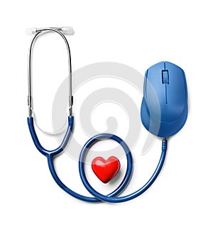 Stethoscope for checking pulse and red heart on white background