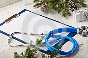 Stethoscope and Christmas decorations.