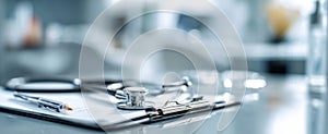 The stethoscope and clipboard in a modern healthcare workspace. AI generated image