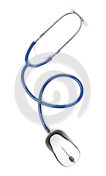 Stethoscope with computer mouse on white background, top view
