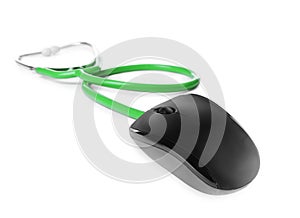 Stethoscope with computer mouse on white. Online medical consultation
