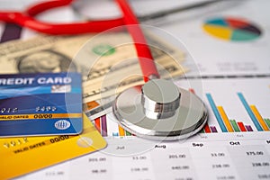 Stethoscope, credit card and US dollar banknotes on chart or graph paper, Financial, account, statistics and business data