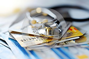 Stethoscope on credit cards representing healthcare costs