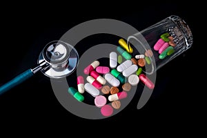 Stethoscope and drug pill for doctor and medical nursing people check up healing of patients