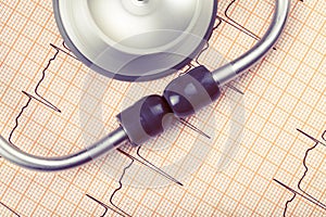 Stethoscope on the ECG chart, medical concept of early diagnostics of heart diseases