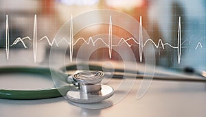 Stethoscope with eKG chart and medical equipment in background