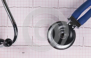 Stethoscope on the electrocardiogram ECG graph.Medicine concept. healthcare background