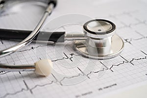 Stethoscope on electrocardiogram ECG, heart wave, heart attack, cardiogram report