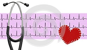 Stethoscope, electrocardiogram graph (ECG) and textile heart