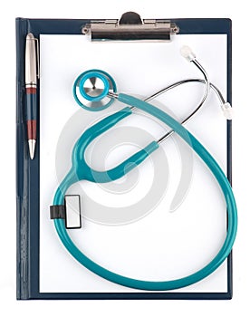 Stethoscope and empty document in a clipboard isolated