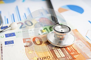 Stethoscope and Euro banknotes on chart or graph paper, Financial, account, statistics and business data medical health concept