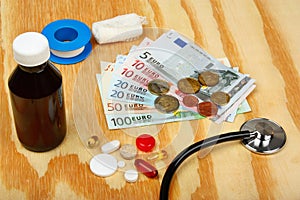 Stethoscope on euro money - medical concept