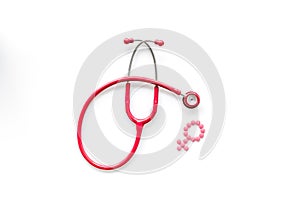 Stethoscope and female symbol for diagnostic and cure of gynaecological disease on white background top view