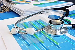 Stethoscope on a financial report. Business analysis and audit.