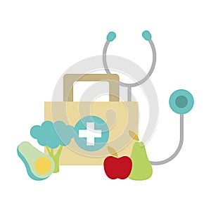 Stethoscope, first aid kit and healthy fruits and vegetables icon