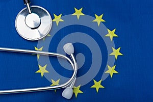 Stethoscope with the flag of the European Union. The concept of health in Europe.