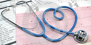 Stethoscope in form of heart on beat cardiogram report. Medical cardiology concept photo