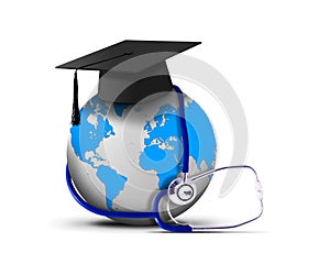 Stethoscope with globe and graduation hat