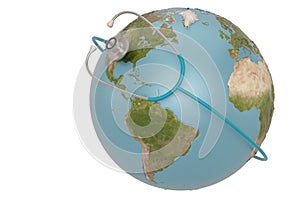Stethoscope and globe isolated on white background. 3D illustration