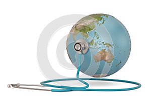 Stethoscope and globe isolated on white background. 3D illustration