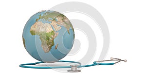 Stethoscope and globe isolated on white background. 3D illustration