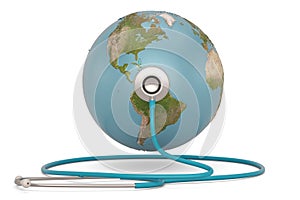 Stethoscope and globe isolated on white background. 3D illustration