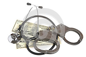 Stethoscope, handcuffs and money on white background
