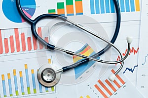 Stethoscope on healthcare stats and financial analysis charts