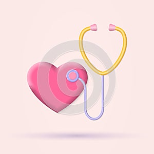 Stethoscope with heart 3d icon. Doctor, hospital symbol. Medical and health care concept.