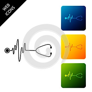 Stethoscope with a heart beat icon isolated on white background. Medical concept. Pulse care symbol. Set icons colorful