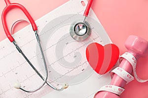 Stethoscope and heart on a cardio diagram.