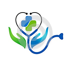 Stethoscope Heart in hands Medical Healthcare Logo Design Vector.