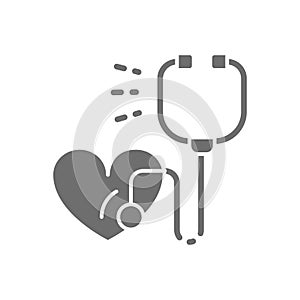 Stethoscope with heart, heartbeat, healthcare grey icon.