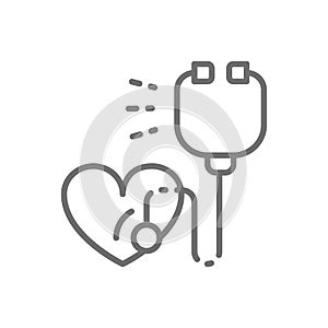 Stethoscope with heart, heartbeat, healthcare line icon.
