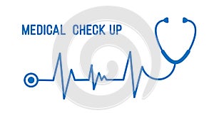 Stethoscope with heart pace line illustration. Medical check up concept.