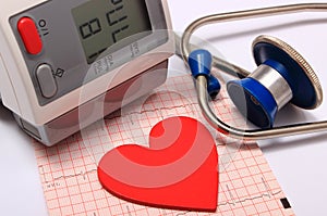 Stethoscope, heart shape, blood pressure monitor and electrocardiogram