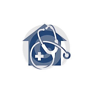 Stethoscope House Medical Logo Design Vector. Home Clinic Health Care Vector Graphic.