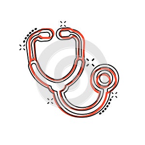 Stethoscope icon in comic style. Heart diagnostic cartoon vector illustration on isolated background. Medicine splash effect sign