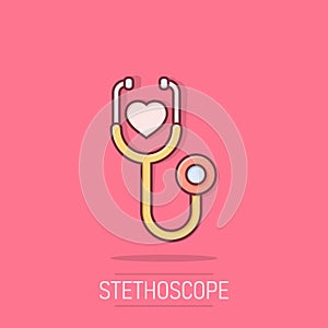 Stethoscope icon in comic style. Heart diagnostic cartoon vector illustration on isolated background. Medicine splash effect sign