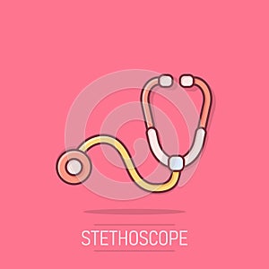 Stethoscope icon in comic style. Heart diagnostic cartoon vector illustration on isolated background. Medicine splash effect sign