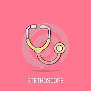 Stethoscope icon in comic style. Heart diagnostic cartoon vector illustration on isolated background. Medicine splash effect sign