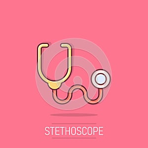 Stethoscope icon in comic style. Heart diagnostic cartoon vector illustration on isolated background. Medicine splash effect sign