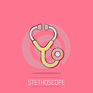 Stethoscope icon in comic style. Heart diagnostic cartoon vector illustration on isolated background. Medicine splash effect sign