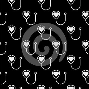 Stethoscope icon with heart shape seamless pattern isolated on black background