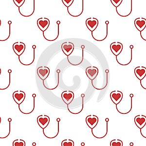 Stethoscope icon with heart shape seamless pattern isolated on white background