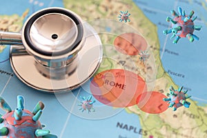 Stethoscope on Italy map background. outbreak of the virus covid-19 in Italy red zone