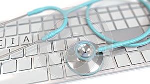 Stethoscope on keyboard with SOCIAL text. Modern medicine related conceptual 3D animation