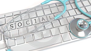 Stethoscope on keyboard with SOCIAL text. Modern medicine related conceptual 3D rendering